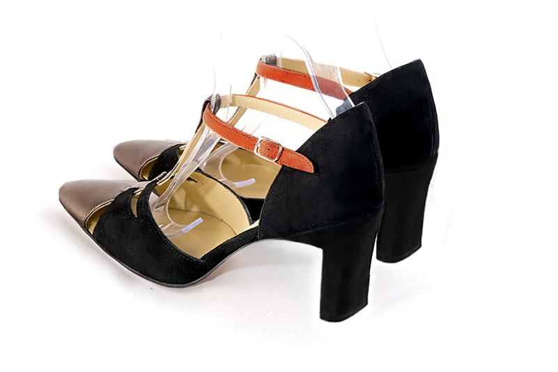 Bronze gold, matt black and terracotta orange women's T-strap open side shoes. Tapered toe. Medium comma heels. Rear view - Florence KOOIJMAN